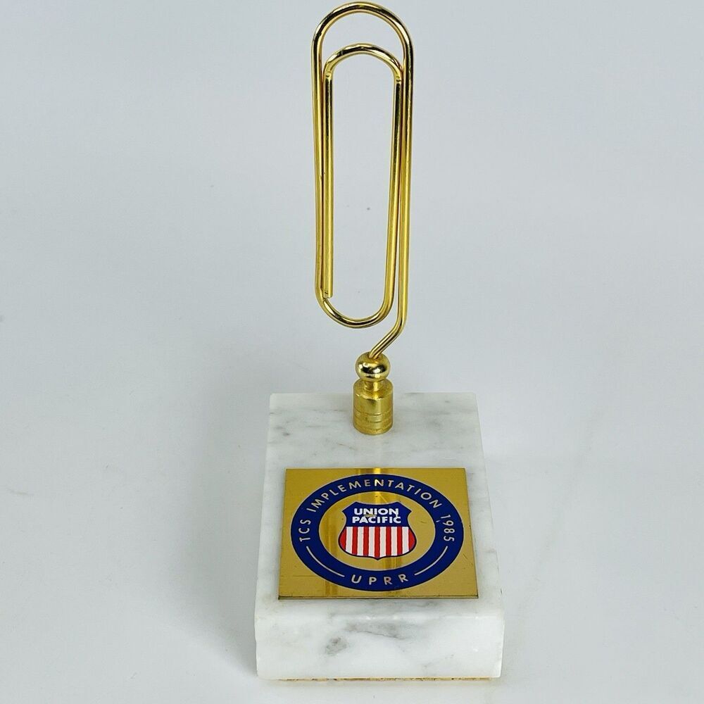 Union Pacific 1985 Big Brass Paper Clip Paperweight Marble Base Desk Organizer